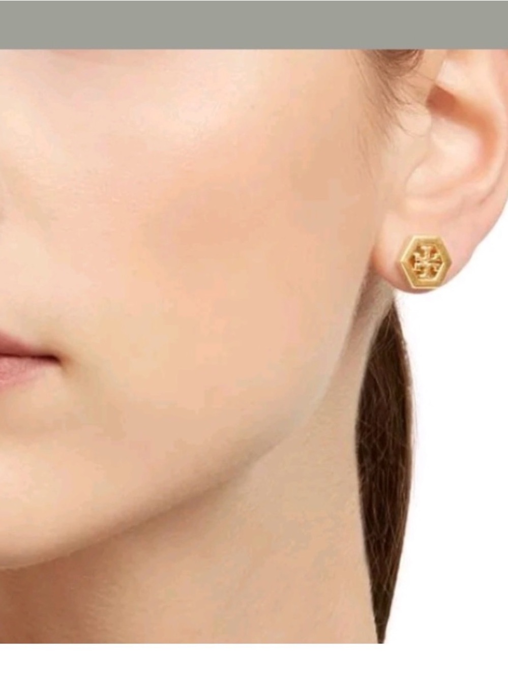 Tory Burch Gold Hexagon Logo Studs - Polished Logo Earrings - Picture 2 of 5